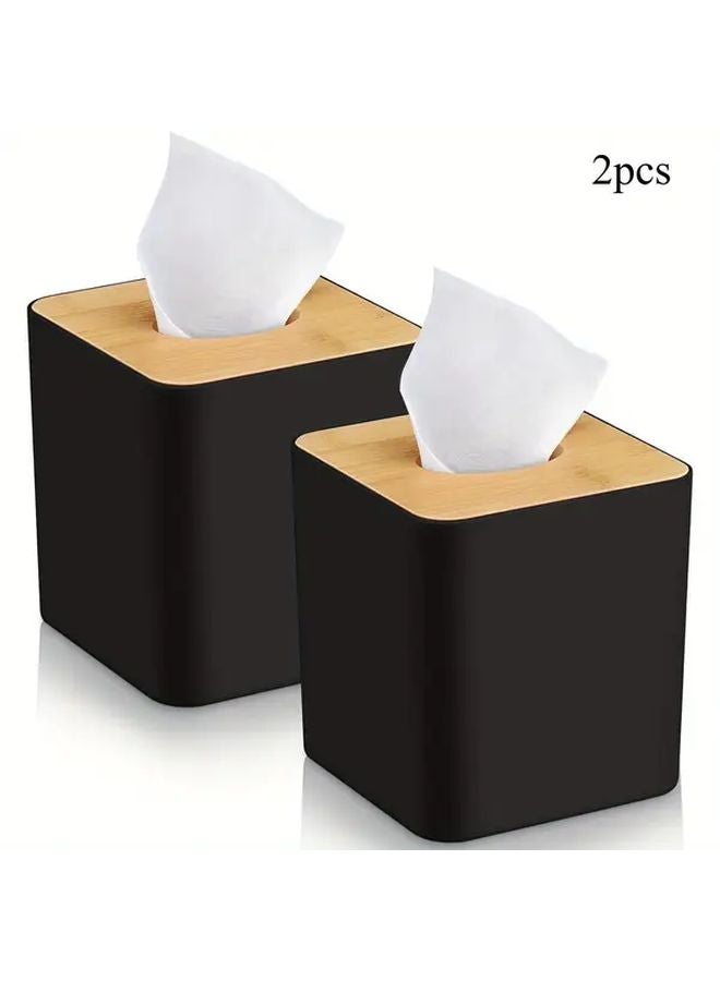 قطعتان غطاء صندوق المناديل البلاستيكي المربع حامل خشبي أسود للحمام المطبخ المكتب - Image 1